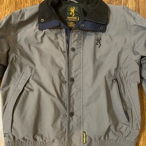 Browning, med. zipper, snap button, gray, blue outer shell, black interior.